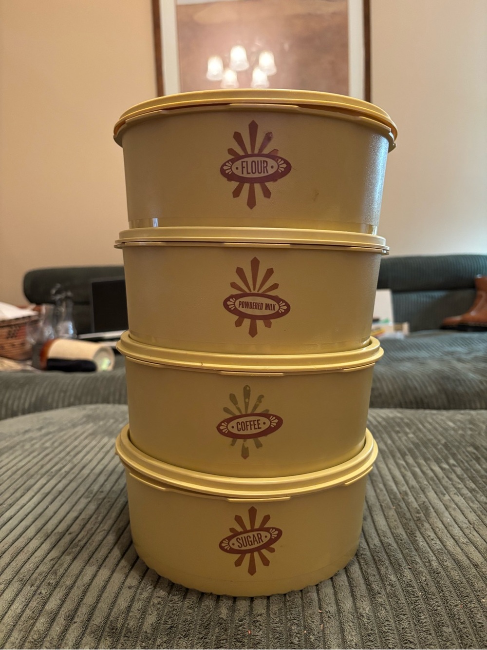 Vintage Yellow Tupperware Kitchen Storage Canisters with labels and lids